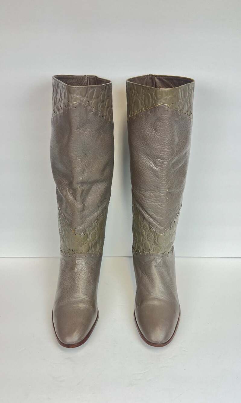 Vintage Grey Leather Croc Embossed Brazil Riding Boots Boho Size 8 M Western - Picture 7 of 8